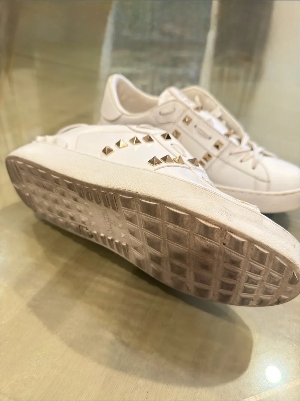Valentino White Rockstud Untitled Leather Sneakers with Gold Studs